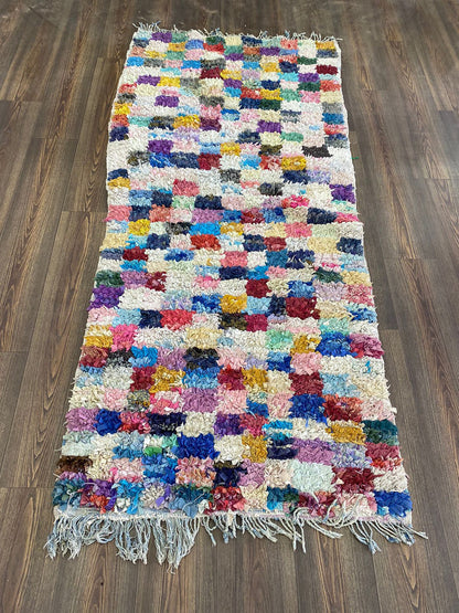 Tapis à carreaux Boucherouite, tapis berbère marocain coloré 3 par 7 pieds.