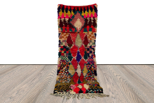 Tapis Shag marocain coloré de 3 x 8 pieds, tapis berbère vintage à losanges étroit.