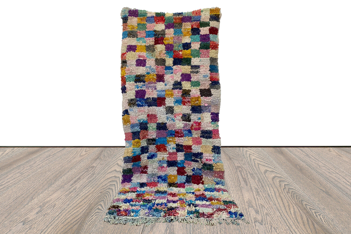 Tapis à carreaux Boucherouite, tapis berbère marocain coloré 3 par 7 pieds.