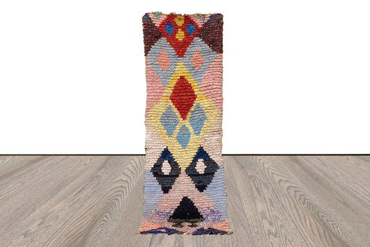 2x7 Narrow Boucherouite vintage runner Rugs, Moroccan Berber Diamond Colored Rug.