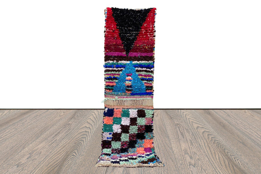 2x8 checkered Boucherouite vintage narrow runner Rugs, Moroccan Berber colorful shag Rug.