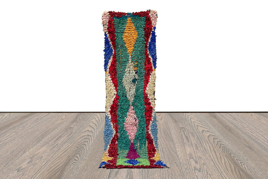 Boucherouite Hand Woven long Narrow runner Rugs, 2x10 Moroccan Berber vintage Colored Rug.