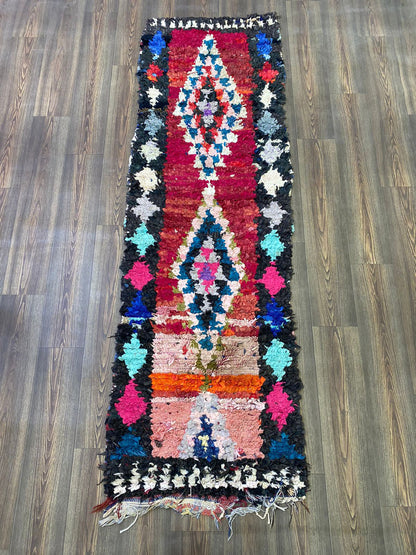 Tapis de couloir vintage Boucherouite étroit 3x8, tapis shag berbère marocain.