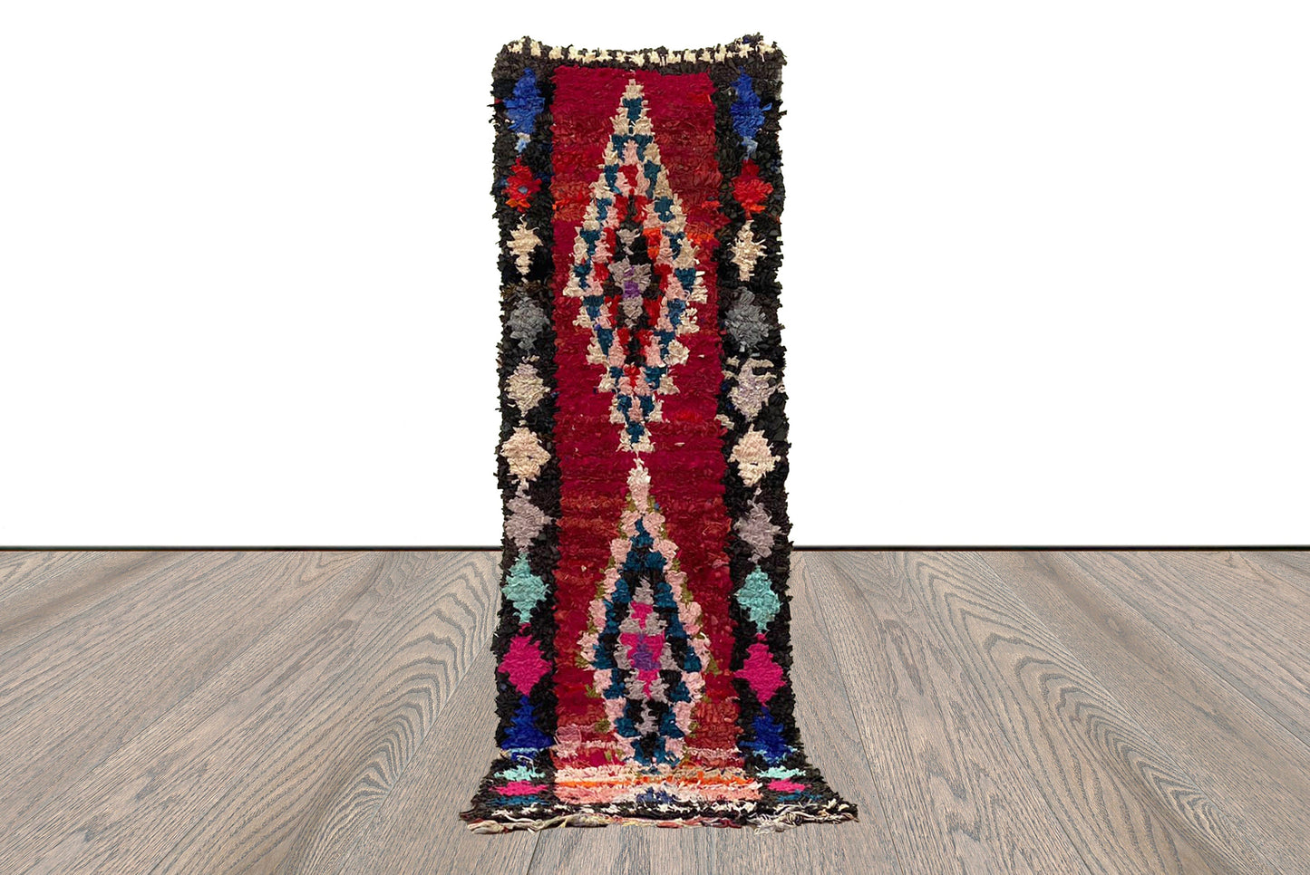 Tapis de couloir vintage Boucherouite étroit 3x8, tapis shag berbère marocain.