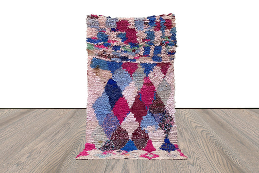 Boucherouite Hand Woven colorful Diamond runner Rugs, 3x6 Moroccan vintage Berber Rug.