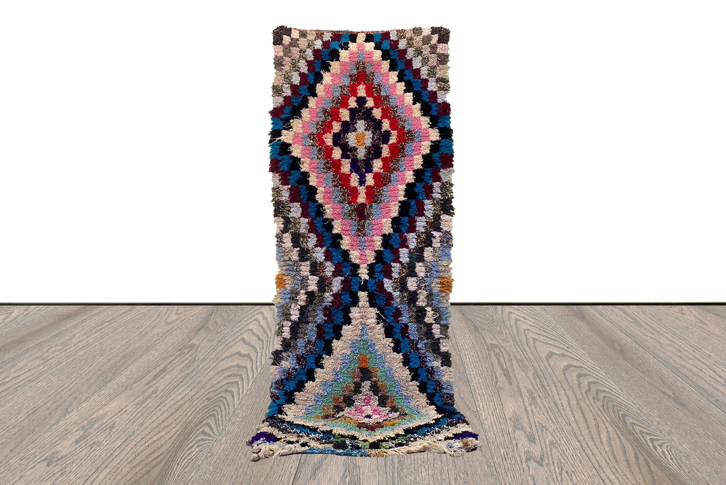 Tapis à carreaux Boucherouite Runner, 3x8, tapis berbères marocains colorés anciens.