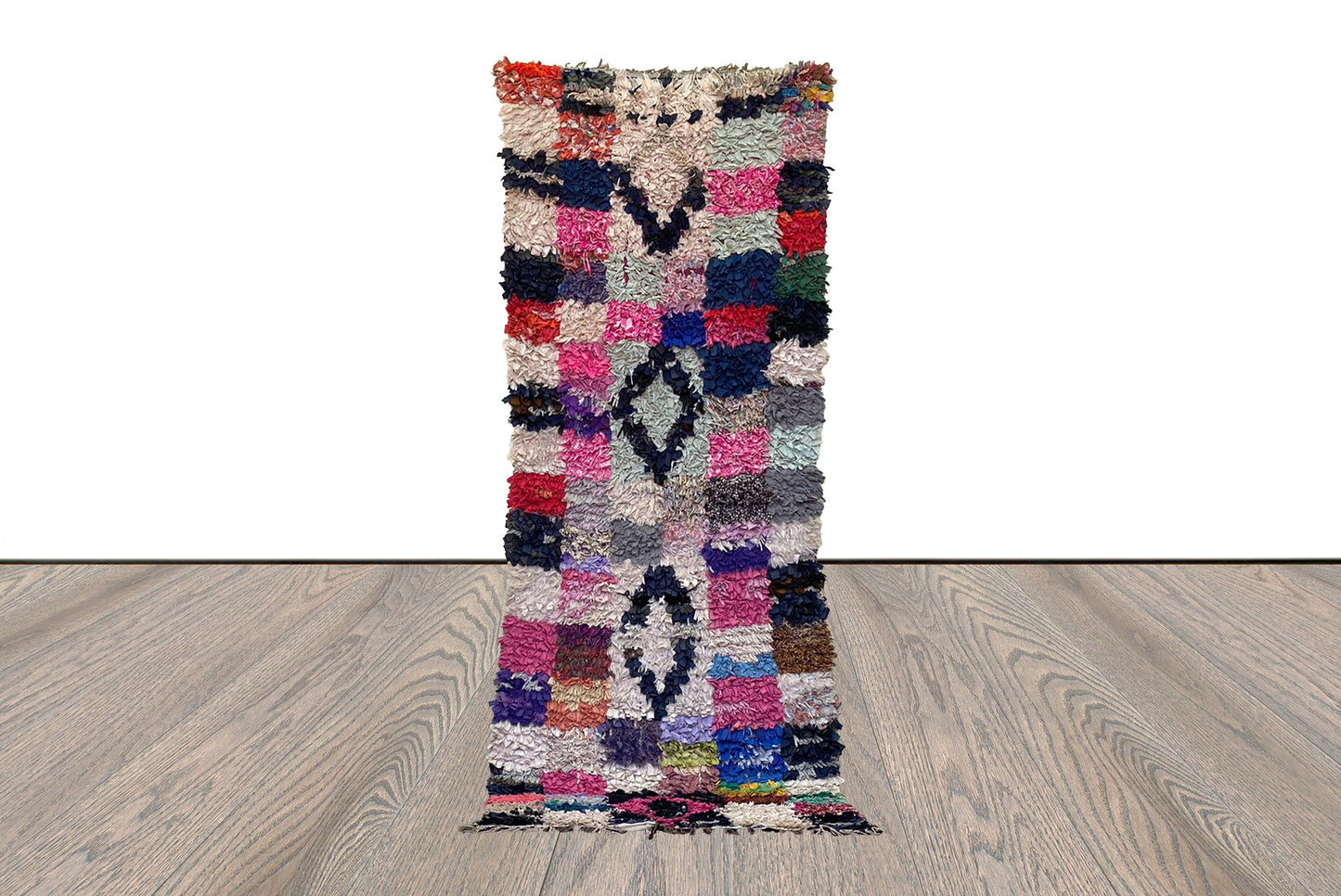 Tapis Boucherouite 3x7, tapis de couloir étroit berbère marocain.