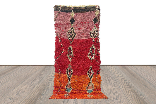 Boucherouite - Medium vintage runner Rug, 3x7 FT, colorful red orang and pink Rugs.