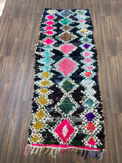 Tapis de couloir Boucherouite tissé à la main vintage, tapis marocains rares et uniques 4x9.