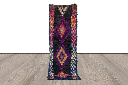 2x8 Berber unique Vintage Moroccan Black runner Rug, Boucherouite narrow rugs.