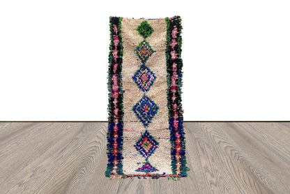 White Vintage Narrow Boucherouite runner Rugs, 2x6 Moroccan Berber white shag Rug.