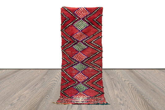 Tapis de couloir marocain vintage rouge 9x3, tapis berbères colorés tissés à la main.