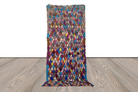 Tapis Boucherouite, tapis de couloir vintage, 3x8 FT, tapis coloré en diamant tissé à la main, tapis berbères marocains.