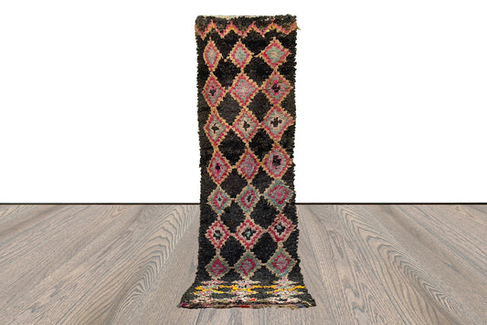 Tapis long et étroit Boucherouite Dimond coloré, 3x10 Tapis marocains vintage étroits.