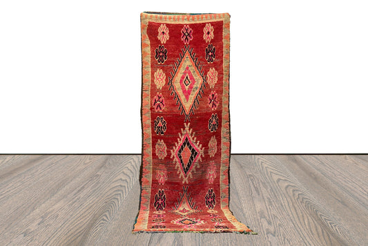 Tapis marocain extra long, 3x13, tapis berbère tissé à la main vintage rouge.