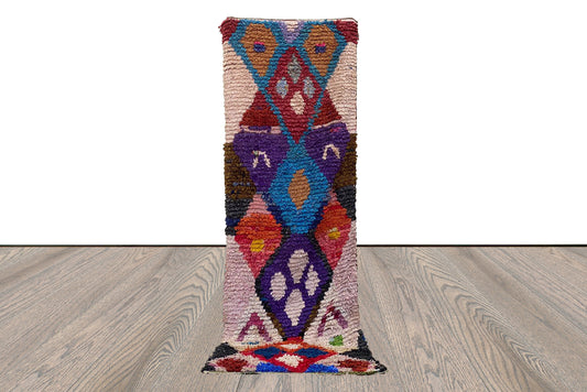 Tapis marocain vintage, 3x7 FT, tapis de couloir étroit et coloré Boucherouite, tapis Shag de couleur diamant.