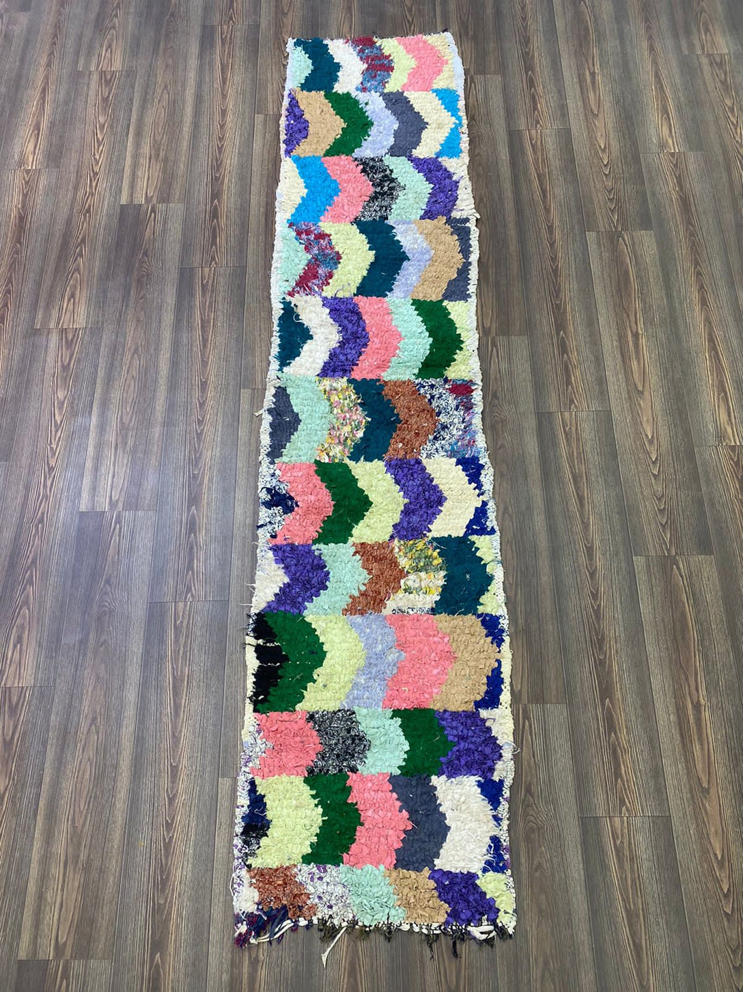 Chevron Runner Narrow Boucherouite Rug, 2x9 Moroccan Berber colorful old unique Rugs.