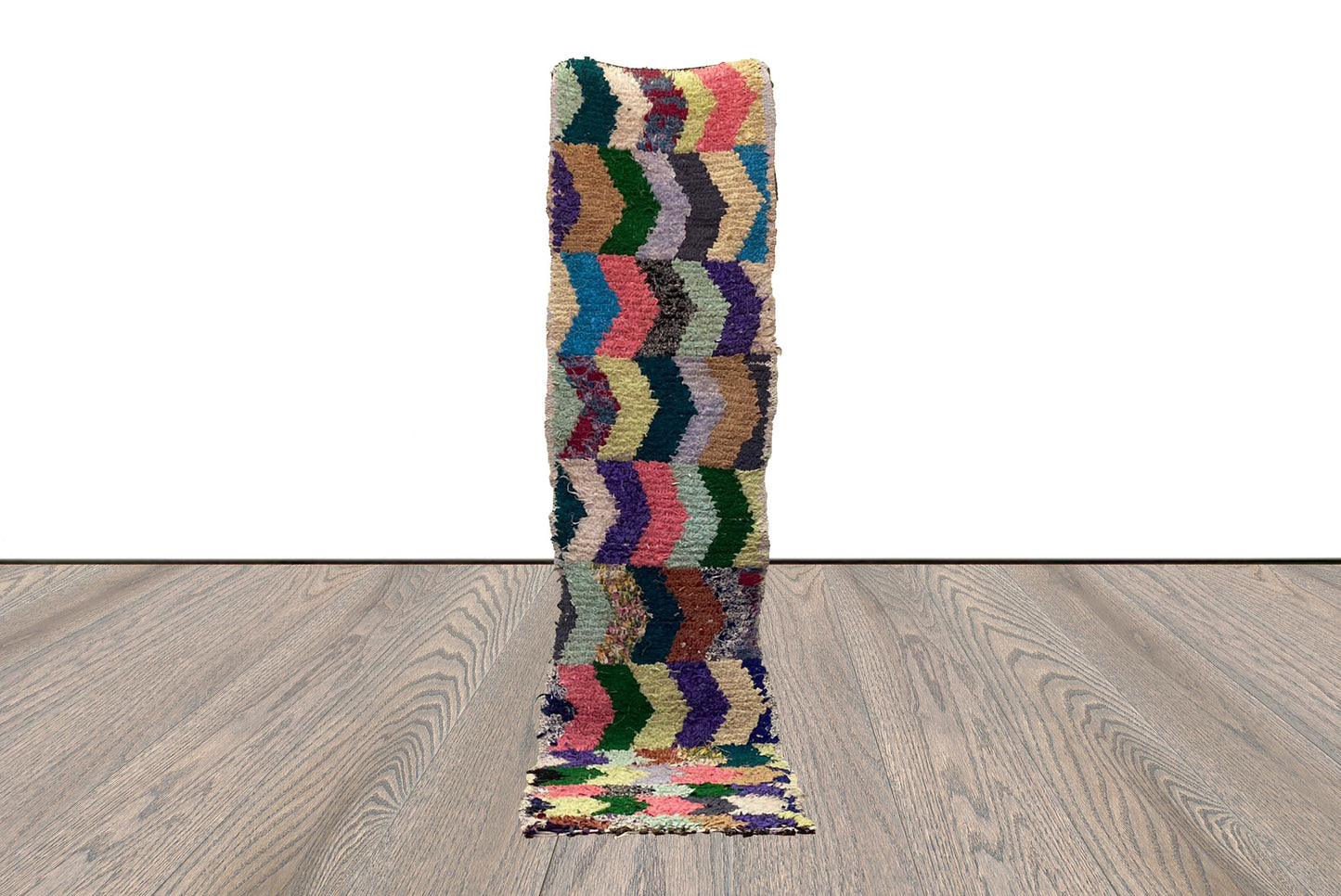 Chevron Runner Narrow Boucherouite Rug, 2x9 Moroccan Berber colorful old unique Rugs.