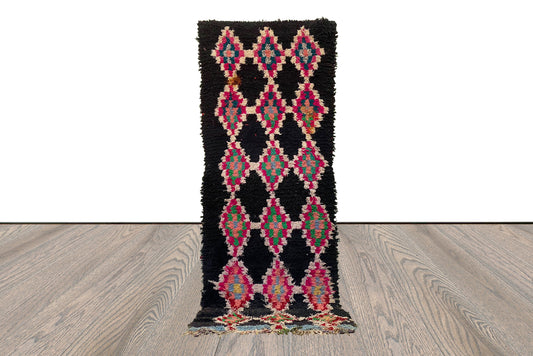 Boucherouite Berber runner Rug, 3x8 Moroccan Vintage woven Diamond Rug.