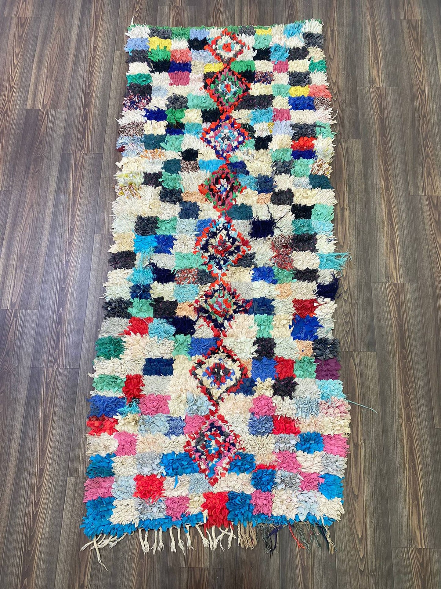 Tapis de couloir à carreaux vintage marocains, tapis de couloir berbère Boucherouite 3x8.