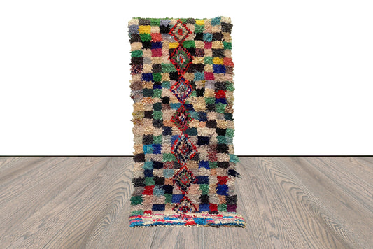 Tapis de couloir à carreaux vintage marocains, tapis de couloir berbère Boucherouite 3x8.