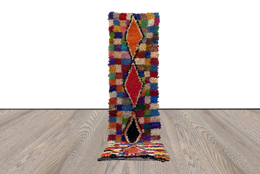 Tapis Boucherouite à carreaux 3x11, tapis berbère marocain vintage tissé à la main.