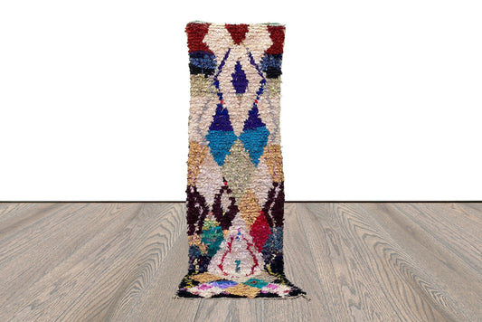 Tapis de couloir Boucherouite Vintage Coloré Diamant, Tapis Shag Marocain ÉTROIT de couleur. 2x9 pieds.