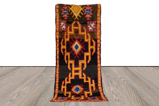 Tapis marocain tissé ancien et rare, 2x6, tapis étroits noirs