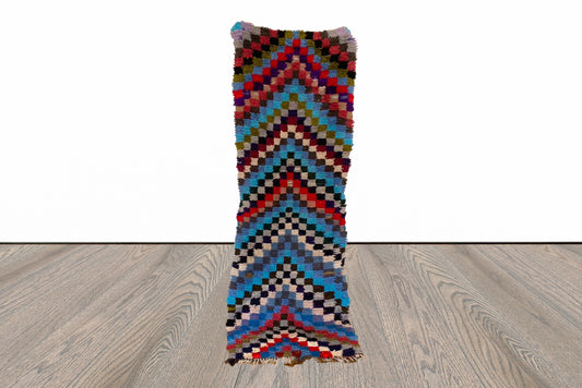 Tapis à carreaux colorés à chevrons 2x7, tapis de couloir étroit berbère vintage marocain.