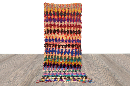 Tapis Boucherouite à diamants colorés, 3x8, tapis tribaux berbères tissés vintage étroits.