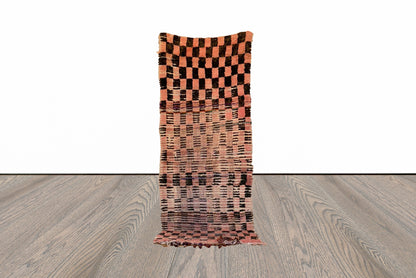 3x7 Moroccan Vintage worn checkered runner Rug.