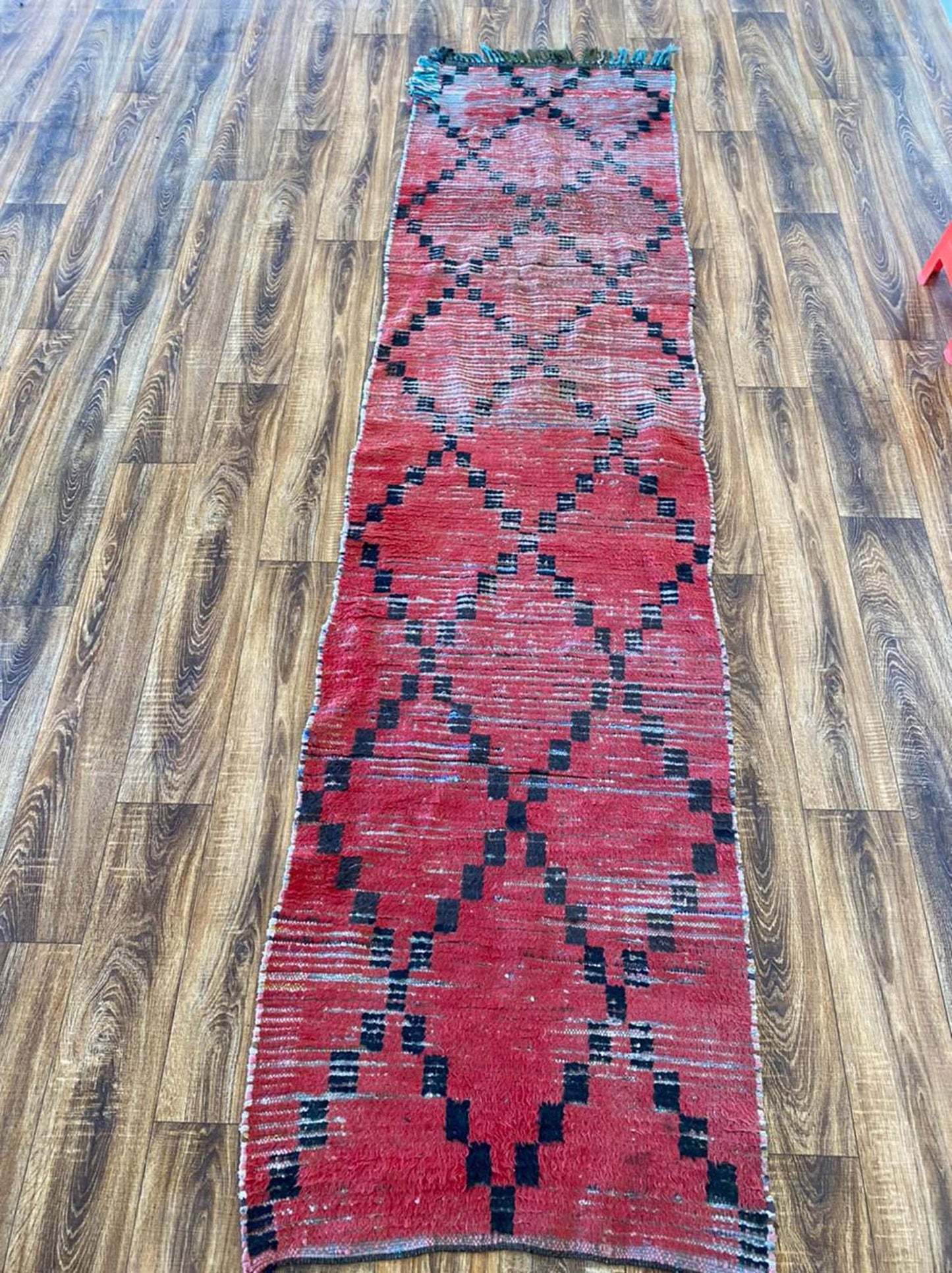 2x10 Red Rug and Diamond Black vintage long narrow runner Rug. Moroccan Berber Rugs.