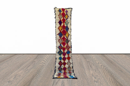 11x2 Feet Long Narrow Boucherouite Diamond Runner Rug.