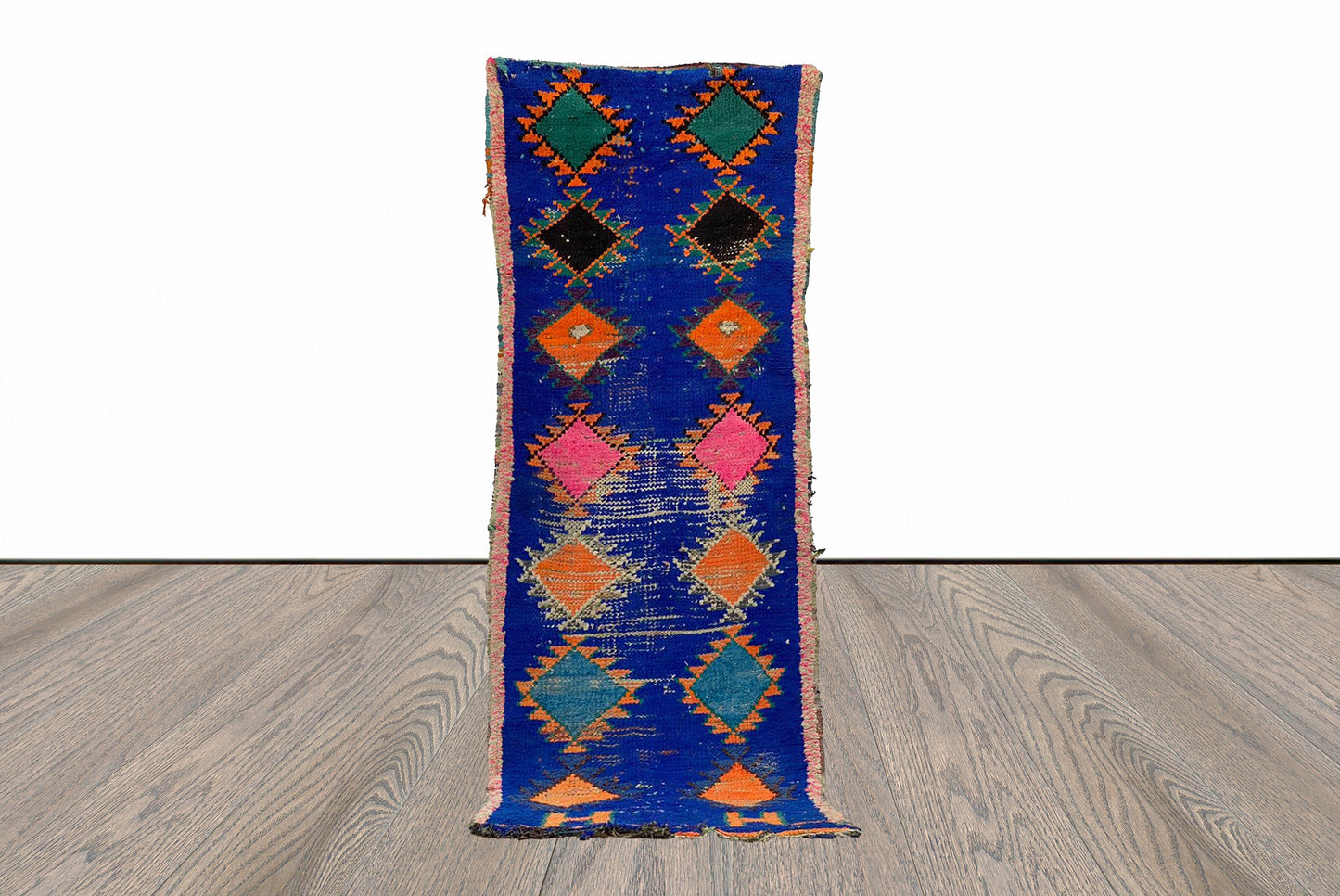 Tapis de couloir berbère bleu marocain vintage 7x3.