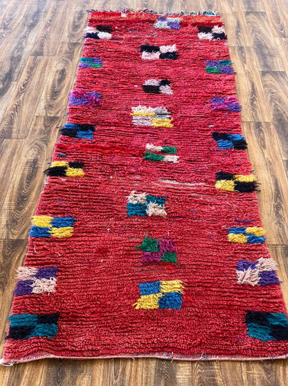 Tapis de couloir long tissé à la main vintage rouge, tapis de couloir marocain 3x10.