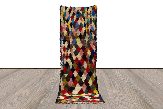 Boucherouite colorful Diamond runner Rug, 3x9 Vintage Moroccan runners Rug.