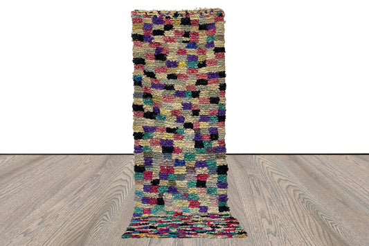 3x10 Vintage narrow Boucherouite colorful runner Rugs, Moroccan checkerboard colored Shag Rug.