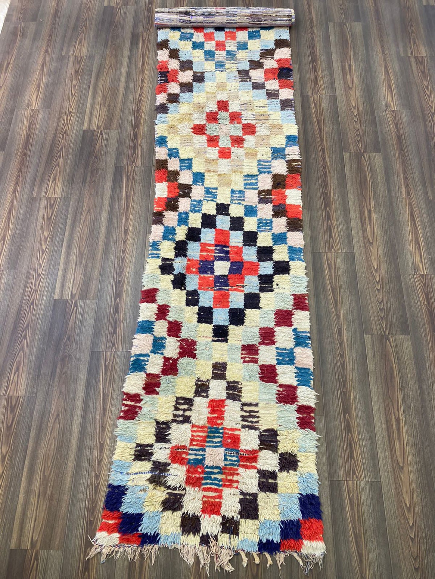 3x12 Checkered Colorful Moroccan runner Rug, Extra long narrow worn Rug.