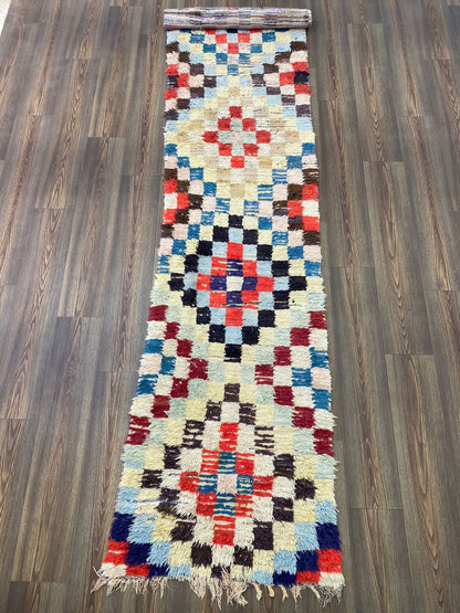 3x12 Checkered Colorful Moroccan runner Rug, Extra long narrow worn Rug.