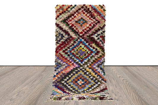 Tapis Boucherouite vintage coloré 4x8, tapis shag en tissu tissé ancien marocain.