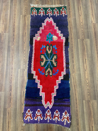 2x7 Small vintage Moroccan red and blue narrow small runner Rugs.