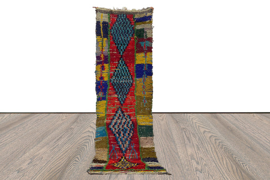 Tapis marocain coloré étroit 3x8, tapis berbère vintage usé.