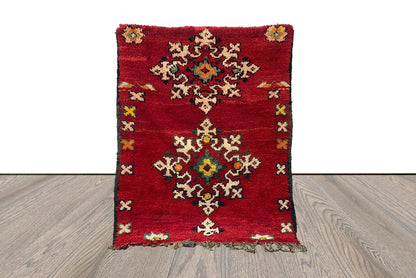 3x4 Small Woolen Red vintage area Rug, Moroccan Berber Handwoven Rug.