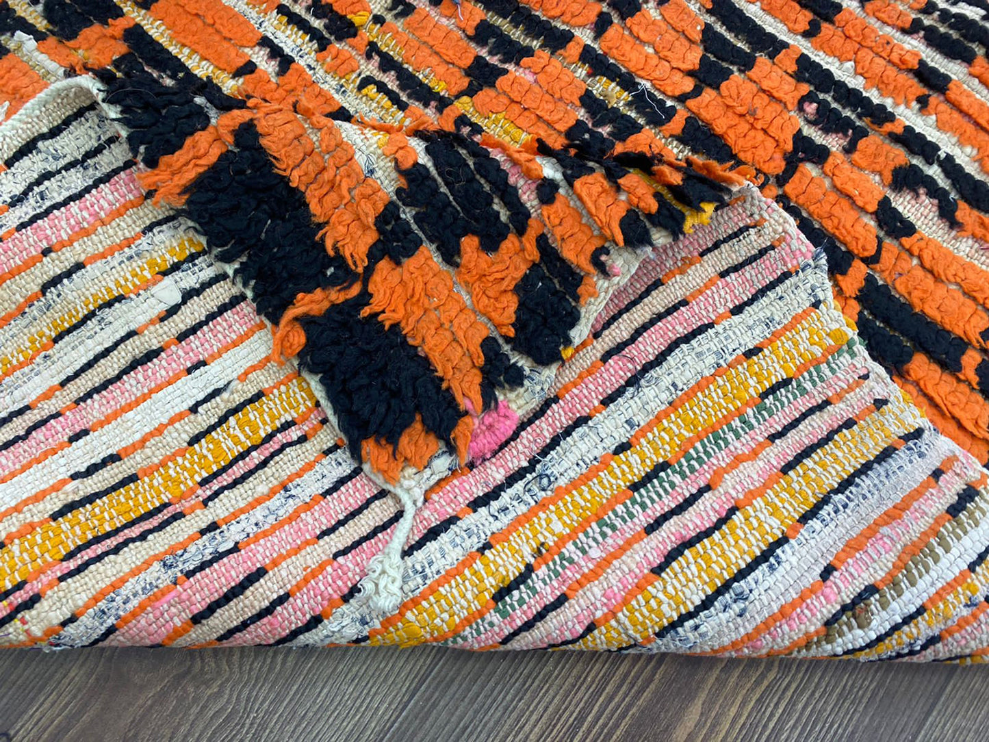 3x7 Black and Orange Moroccan Vintage Runner Rug.