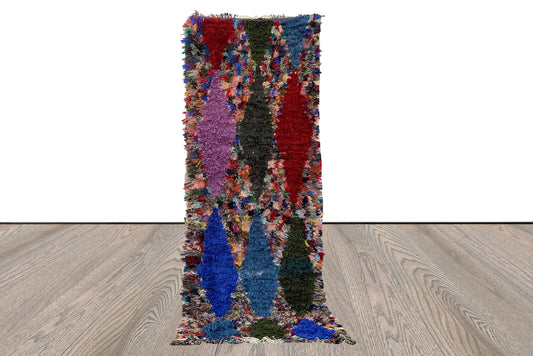 Tapis de couloir marocain coloré à losanges 3x9, tapis shag berbère vintage.