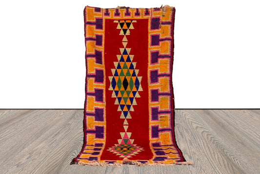 Tapis de couloir tissé vintage marocain, tapis berbère tissé à la main unique coloré 3x7.