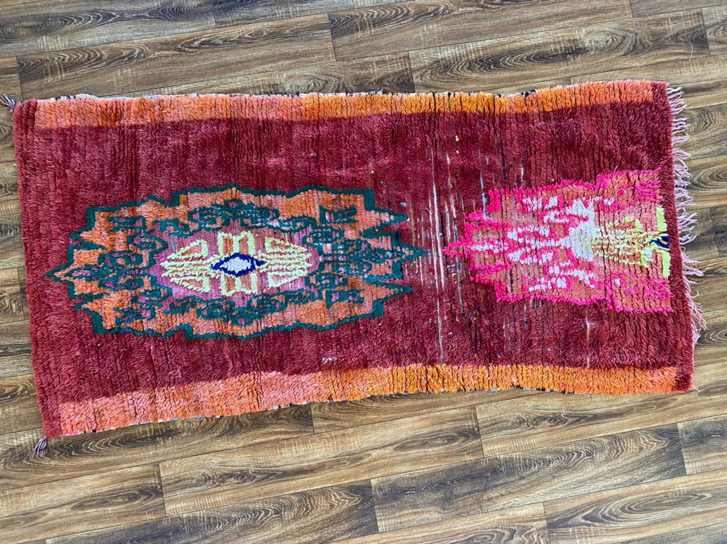 Tapis marocain rouge, tapis berbère tribal tissé à la main 3x7.