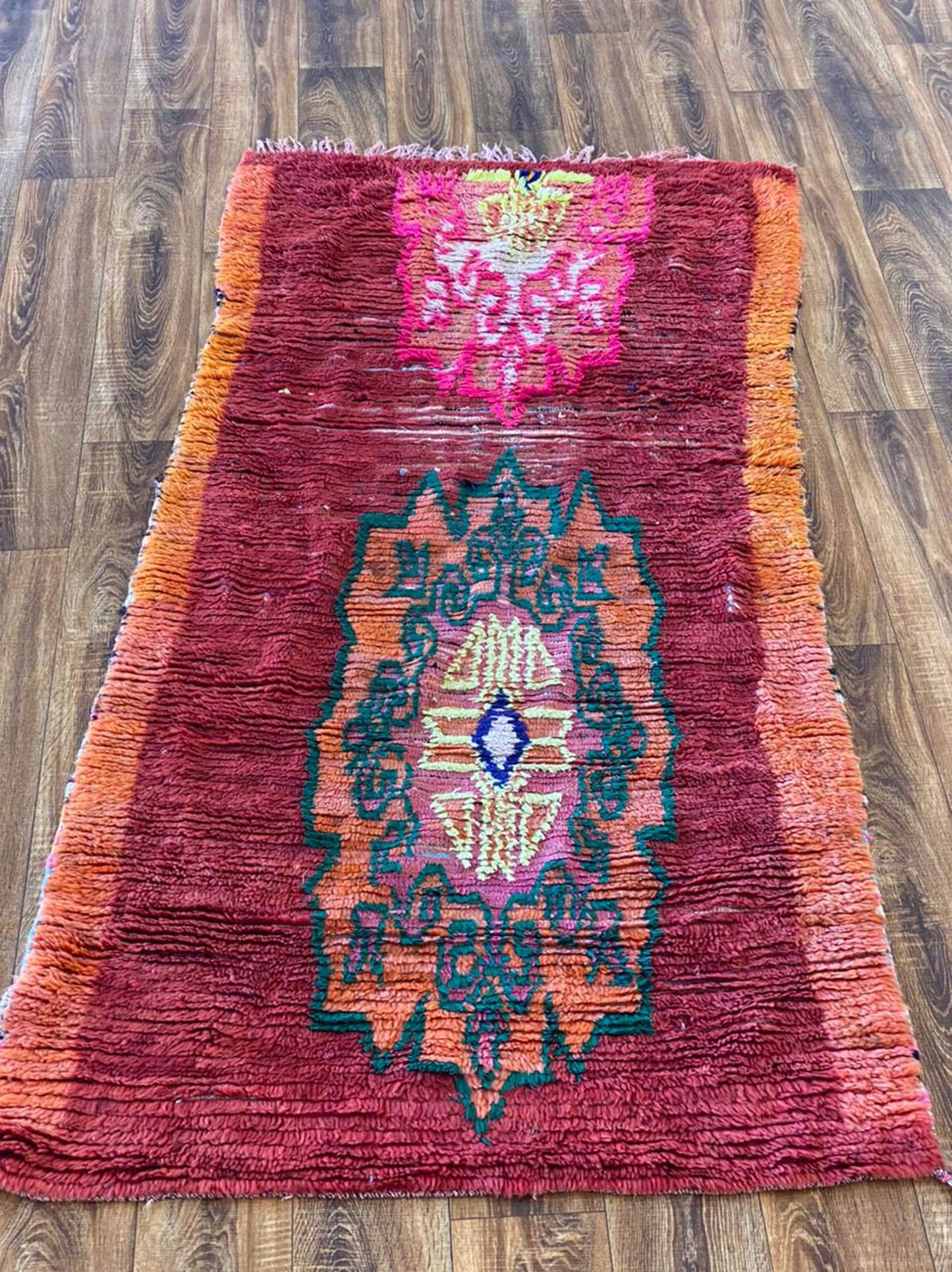 Tapis marocain rouge, tapis berbère tribal tissé à la main 3x7.