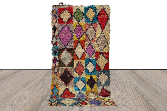 2x6 Moroccan Boucherouite Vintage narrow runner Rug. Diamond colorful rugs