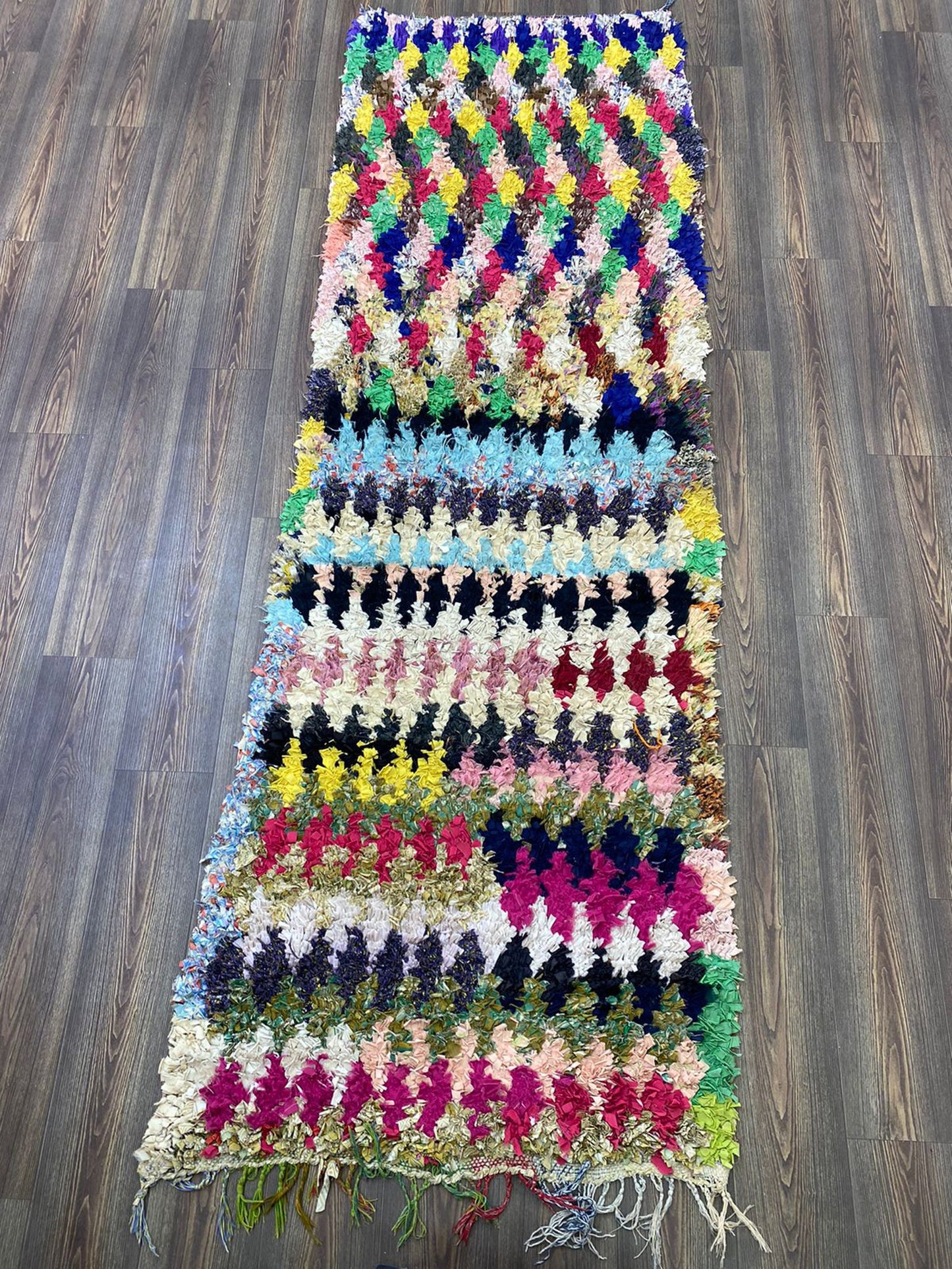 3x10 Boucherouite Moroccan Berber Diamond colorful Long runner Rug.